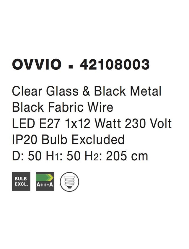 OVVIO Clear Glass & Black Metal Black Fabric Wire LED E27 1x12 Watt IP20 Bulb Excluded D:50 H1:50 H2:205 cm