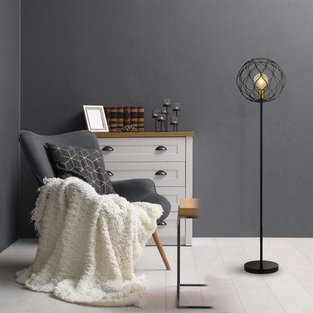 FINESSE 1LT FLOOR LAMP WITH WAVEY BAR DETAIL - BLACK WITH GOLD LAMPHOLDERS