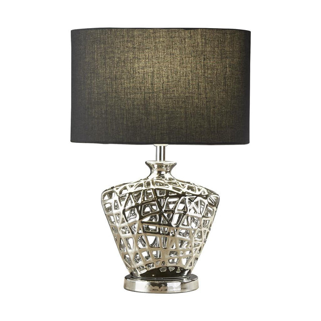 NETWORK TABLE LAMP - CHROME CUT OUT DECORATIVE BASE WITH BLACK OVAL DRUM SHADE