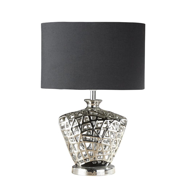 NETWORK TABLE LAMP - CHROME CUT OUT DECORATIVE BASE WITH BLACK OVAL DRUM SHADE