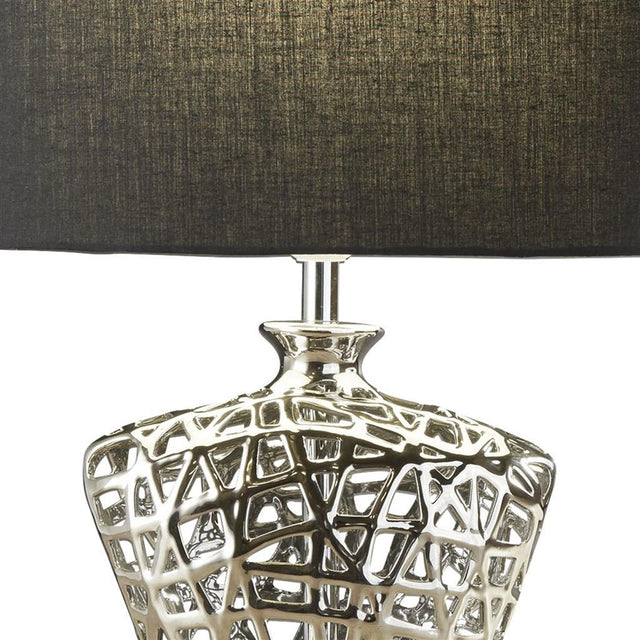 NETWORK TABLE LAMP - CHROME CUT OUT DECORATIVE BASE WITH BLACK OVAL DRUM SHADE