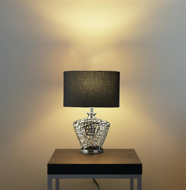 NETWORK TABLE LAMP - CHROME CUT OUT DECORATIVE BASE WITH BLACK OVAL DRUM SHADE