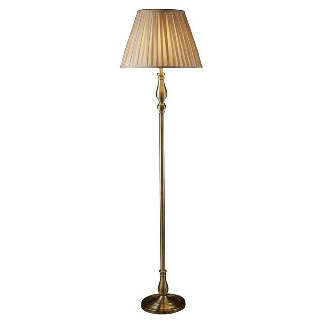 FLEMISH FLOOR LAMP, ANTIQUE BRASS, MINK PLEATED SHADE