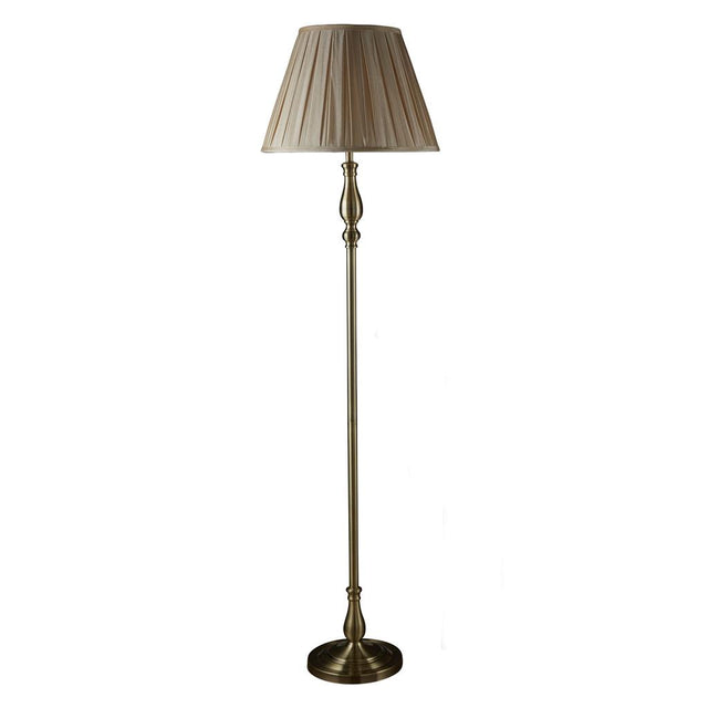 FLEMISH FLOOR LAMP, ANTIQUE BRASS, MINK PLEATED SHADE