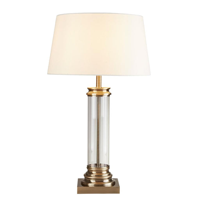 PEDESTAL TABLE LAMP - GLASS COLUMN & ANTIQUE BRASS BASE, CREAM SHADE