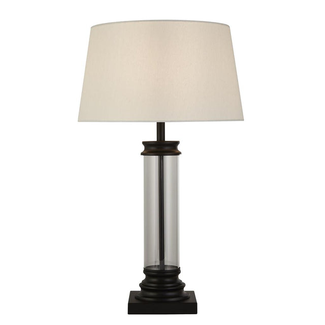 PEDESTAL TABLE LAMP - GLASS COLUMN & BLACK WITH WHITE SHADE