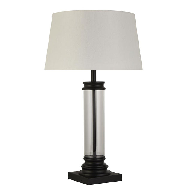 PEDESTAL TABLE LAMP - GLASS COLUMN & BLACK WITH WHITE SHADE