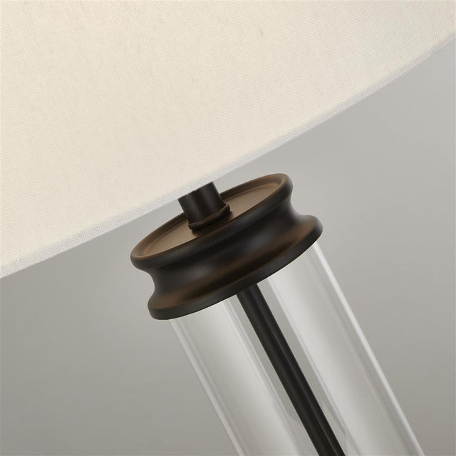 PEDESTAL TABLE LAMP - GLASS COLUMN & BLACK WITH WHITE SHADE