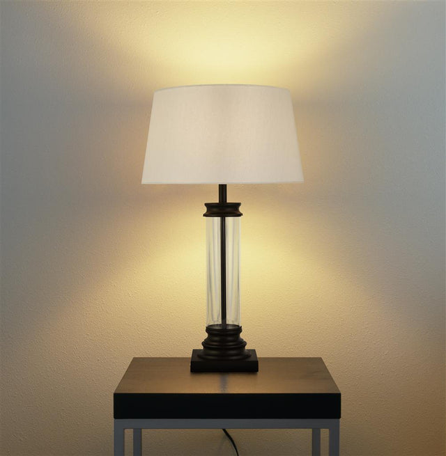 PEDESTAL TABLE LAMP - GLASS COLUMN & BLACK WITH WHITE SHADE