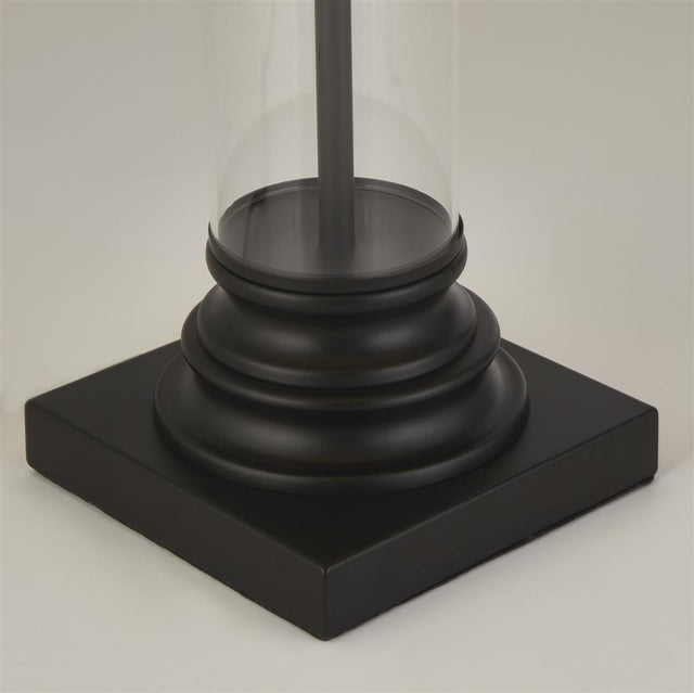 PEDESTAL TABLE LAMP - GLASS COLUMN & BLACK WITH WHITE SHADE