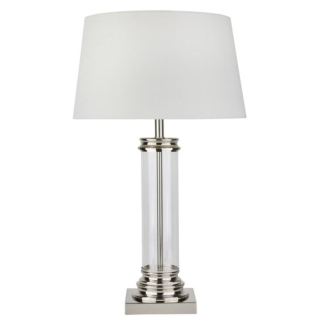 PEDESTAL TABLE LAMP - GLASS COLUMN & SATIN SILVER BASE, CREAM SHADE