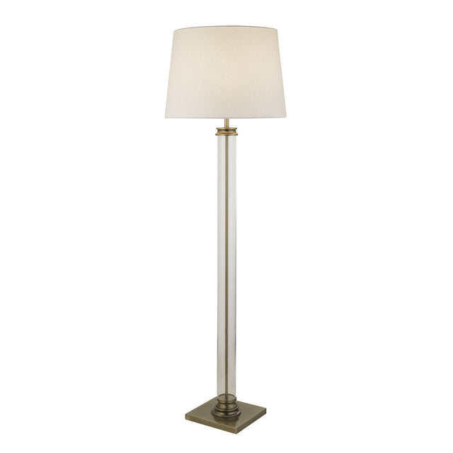 PEDESTAL FLOOR LAMP - GLASS COLUMN & ANTIQUE BRASS BASE, CREAM SHADE