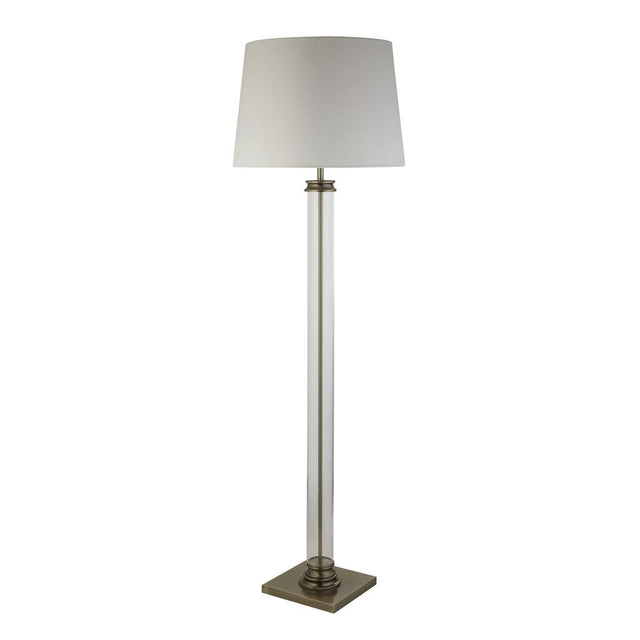 PEDESTAL FLOOR LAMP - GLASS COLUMN & ANTIQUE BRASS BASE, CREAM SHADE