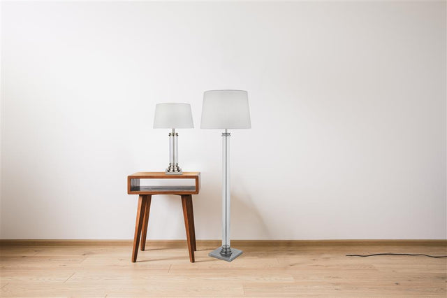 PEDESTAL FLOOR LAMP - GLASS COLUMN & SATIN SILVER BASE, CREAM SHADE