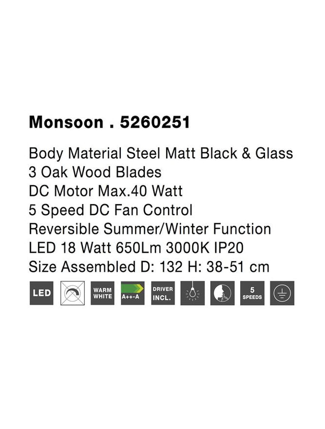 MONSOON Fan Body Material Steel Matt Black &Glass 3ABS Wood Blades