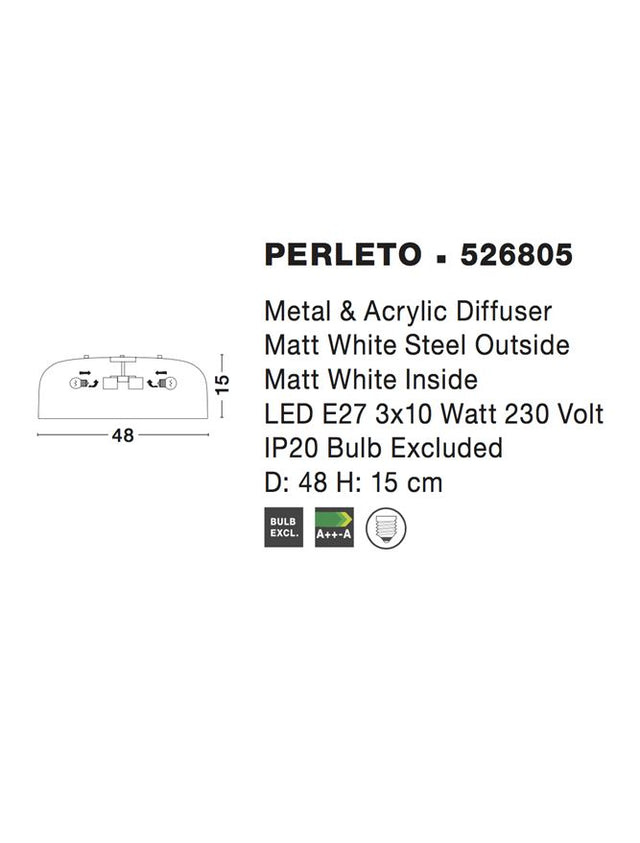 PERLETO Ceiling Light Out.Matt White Steel-In.Matt White Steel LED E27 3x12W D:48 H:15cm