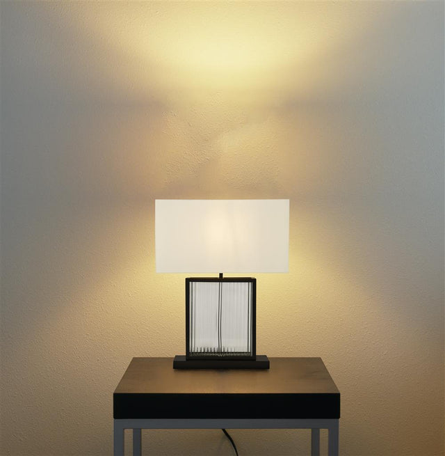 CLARENDON 1LT TABLE LAMP, TEMPERED GLASS, VELVET OFF WHITE SHADE. MATT BLACK