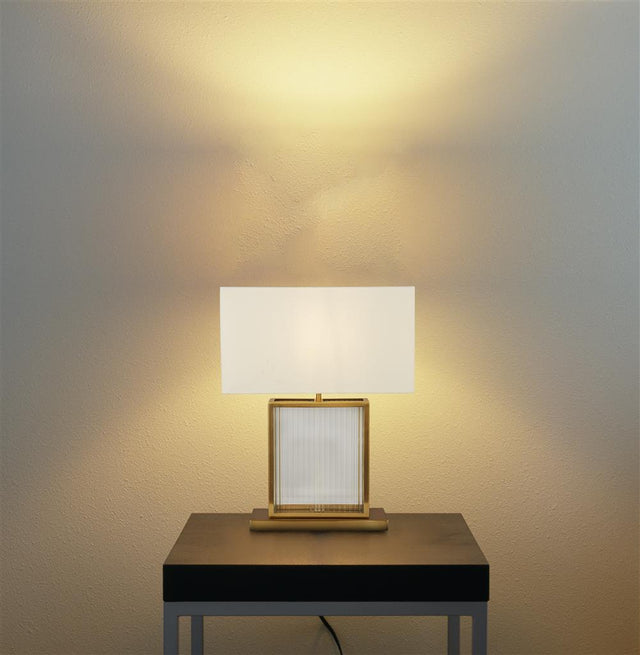 CLARENDON 1LT TABLE LAMP, TEMPERED GLASS, VELVET OFF WHITE SHADE. SATIN BRASS