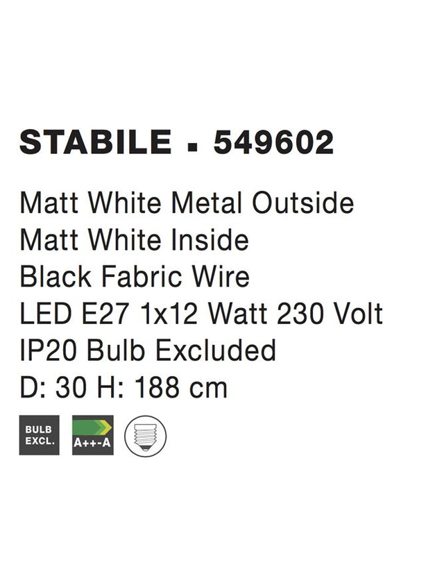 STABILE Matt White Metal Outside Matt White Inside LED E27 1x12 Watt IP20 Bulb Excluded D: 30 H: 188 cm