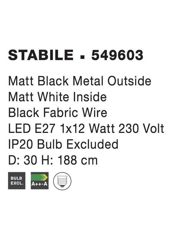 STABILE Matt Black Metal Outside Matt White Inside LED E27 1x12 W IP20 Bulb Excluded D: 30 H: 188 cm