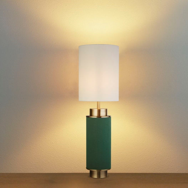 FLASK 1LT TABLE LAMP, DARK GREEN LINEN WITH ANTIQUE BRASS AND WHITE SHADE