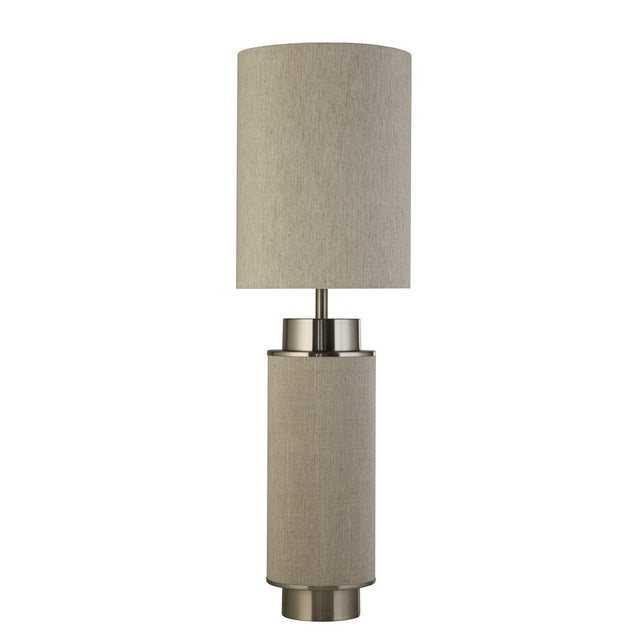 FLASK 1LT TABLE LAMP, NATURAL HESSIAN WITH SATIN NICKEL AND NATURAL SHADE