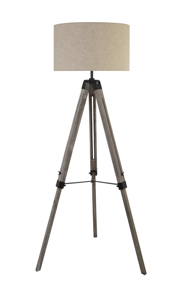 EASEL FLOOR LAMP, WASHED  BROWN BASE, LINEN DRUM SHADE