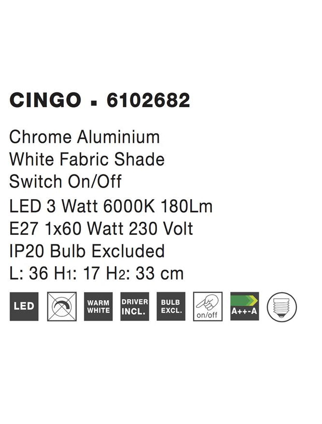 CINGO Wall Light Chrome & White Fabric Lampshade LED 3W 3000k 180Lm E27 1x60W L:36 H1:17 H2:33cm