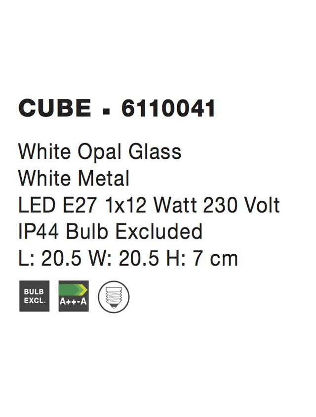 CUBE Ceiling Light IP44 White Opal Glass LED E27 1x12W L:20.5 H:7cm