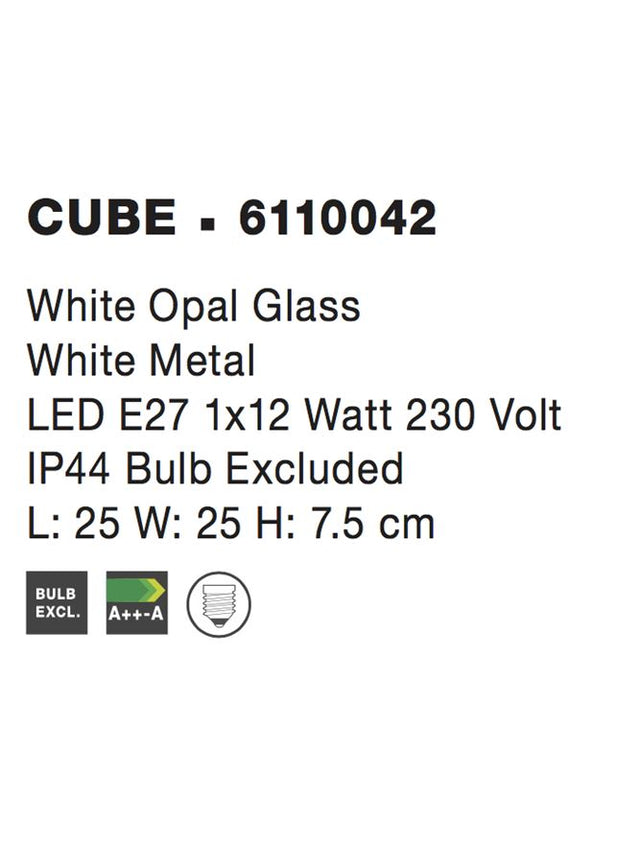 CUBE Ceiling Light IP44 White Opal Glass LED E27 1x12W L:25 H:7.5cm