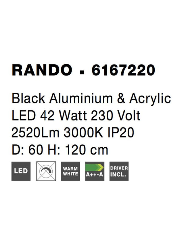 RANDO Black Aluminium & Acrylic LED 42 Watt 230 Volt 2520Lm 3000K IP20 D: 60 H: 120 cm