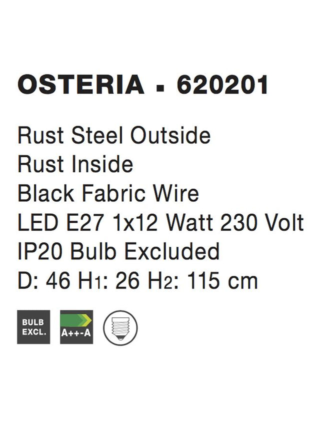 OSTERIA Rust Steel Outside Rust Inside Black Fabric Wire LED E27 1x12W IP20 Bulb Excluded D: 46 H: 115 cm