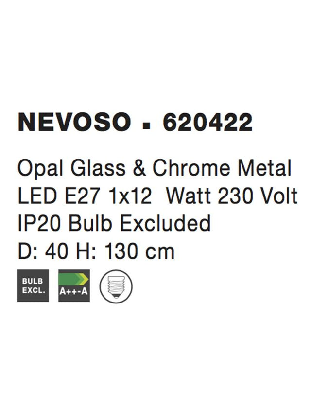 NEVOSO Opal Glass & Chrome Metal LED E27 1x12 Watt 230 Volt IP20 Bulb Excluded D: 40 H: 130 cm