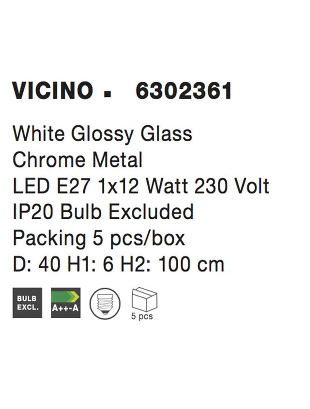 VICINO Pendant Light White Glossy Glass Chrome Metal LED E27 1x12W D:40 H1:6 H2:100cm