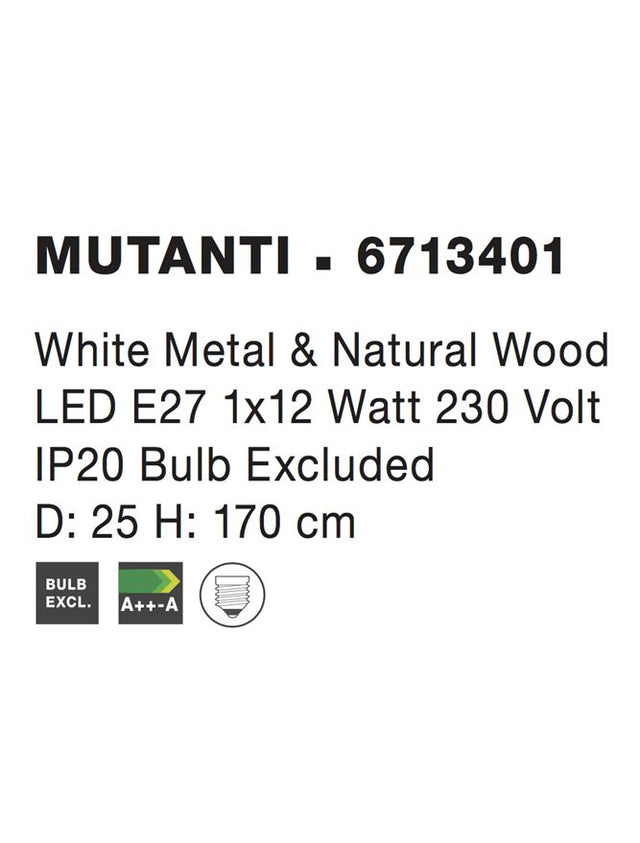 MUTANTI White Metal & Natural Wood LED E27 1x12 Watt 230 Volt IP20 Bulb Excluded D: 25 H: 170 cm