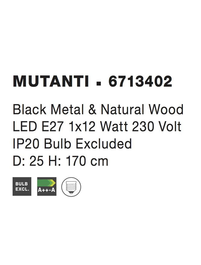 MUTANTI Black Metal & Natural Wood LED E27 1x12 Watt 230 Volt IP20 Bulb Excluded D: 25 H: 170 cm