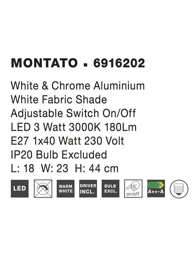 MONTATO Wall Light White Metal & White Fabric Lampshade LED 3Watt 3000K E27 1x40W L:18 W:23 H:44