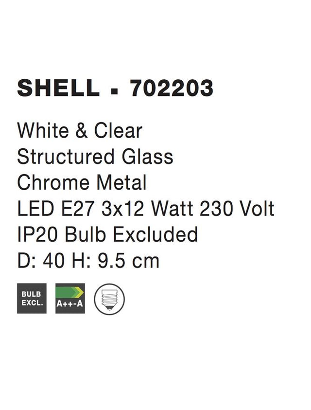 SHELL Ceiling Light White & Clear Structured Glass LED E27 3x12W D:40 H:9,5cm