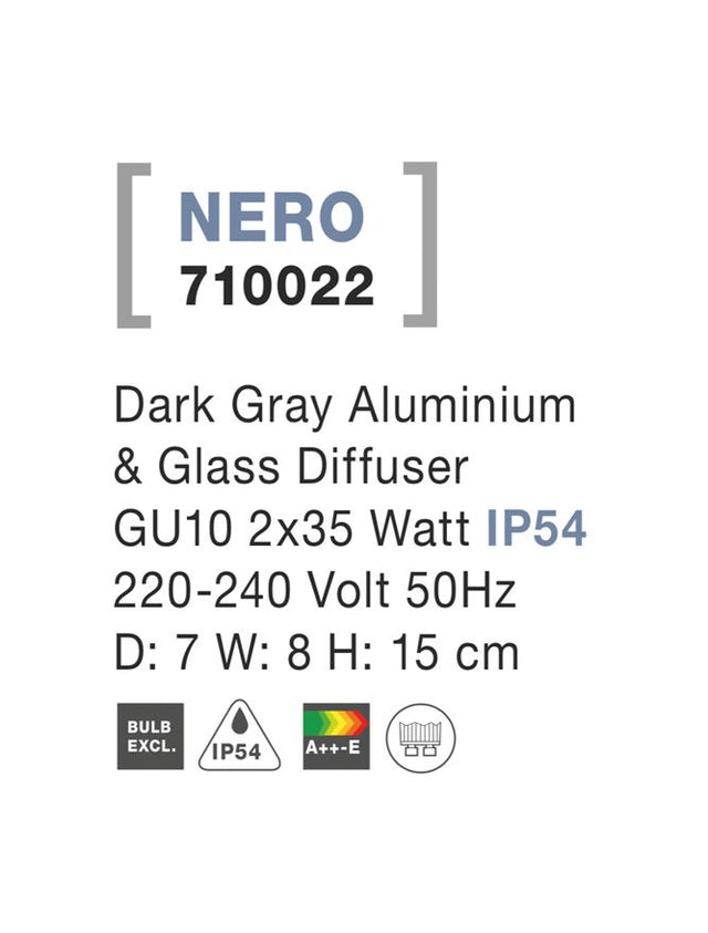 NERO Dark Gray Aluminium & Glass Diffuser GU10 2x35 Watt D: 7 W: 8 H: 15 cm IP54