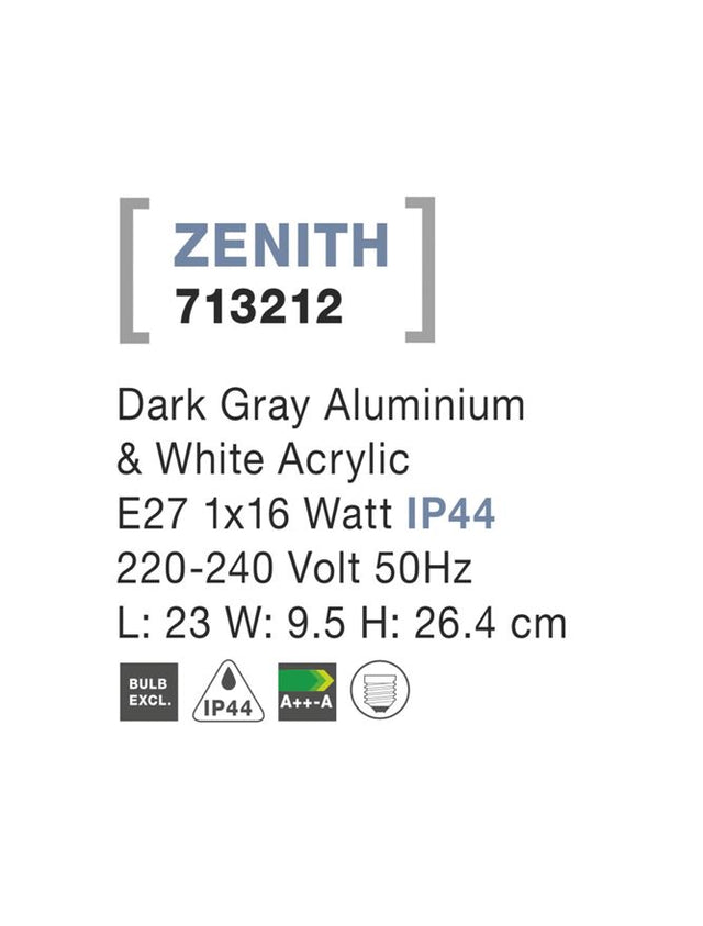 ZENITH Dark Gray Alum. & White Acrylic E27 1x16 Watt L: 23 W: 9.5 H: 26.4 cm IP44