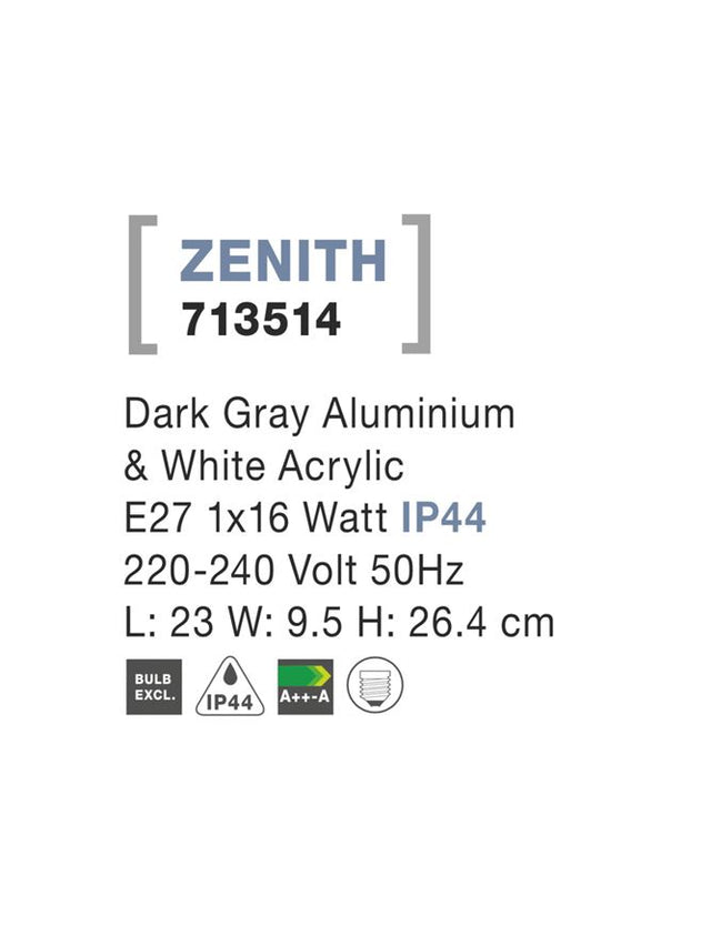 ZENITH Dark Gray Alum. & White Acrylic E27 1x16 Watt L: 23 W: 9.5 H: 26.4 cm IP44