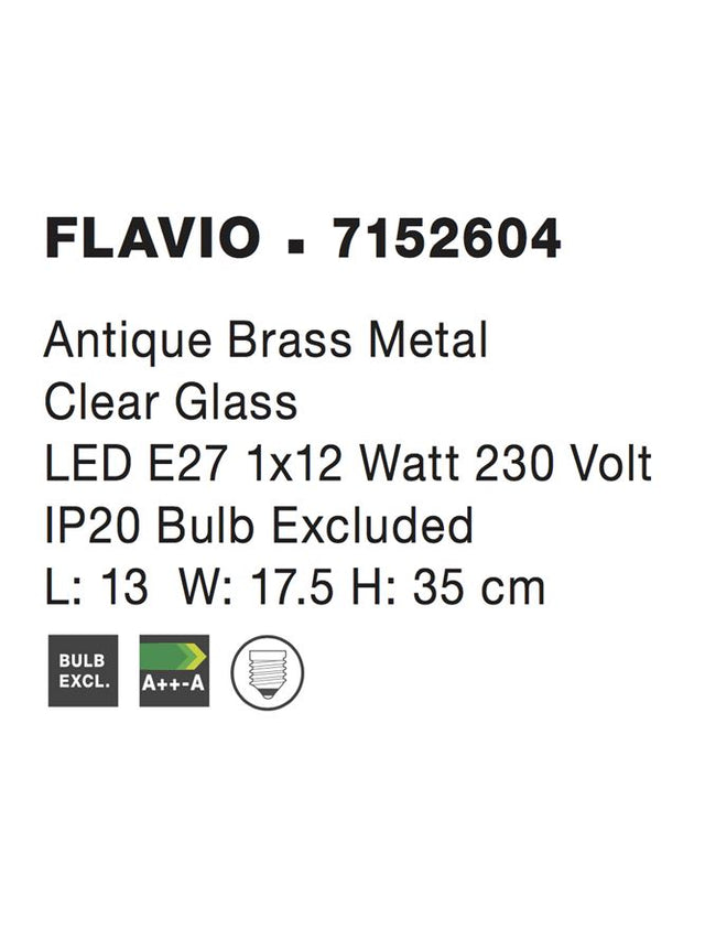 FLAVIO Antique Metal Brass Clear Glass LED E27 1x12 Watt 230 Volt IP20 Bulb Excluded L: 13 W: 17.5 H: 35 cm