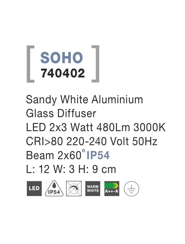 SOHO Sandy White Alum. Glass Diffuser LED 2x3 Watt 480Lm 3000K L: 12 H: 9 cm IP54