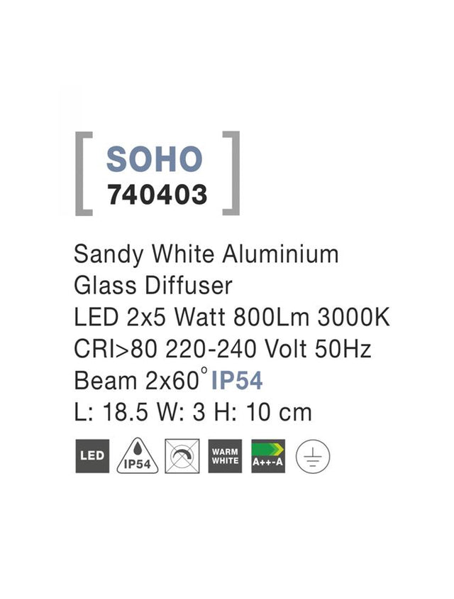 SOHO Sandy White Alum. Glass Diffuser LED 2x5 Watt 800Lm 3000K L: 18.5 H: 10 cm IP54