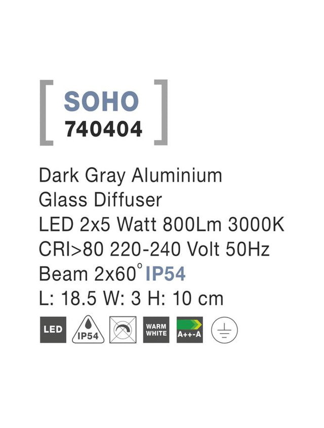 SOHO Dark Gray Alum. Glass Diffuser LED 2x5 Watt 800Lm 3000K L: 18.5 H: 10 cm IP54