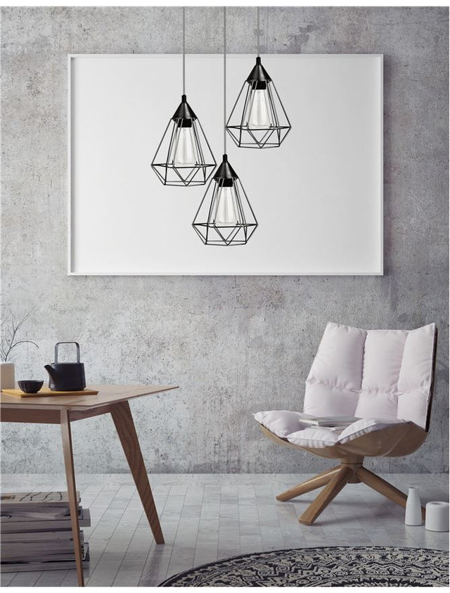 PAOLO Pendant Light Matt Black Metal Black & White Fabric Wire LED E27 3x12 W D: 30 H: 134 cm