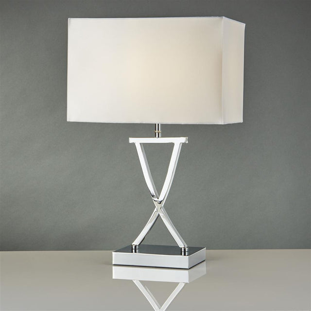 CLUB TABLE LAMP X BASE, CHROME, WHITE RECTANGLE SHADE