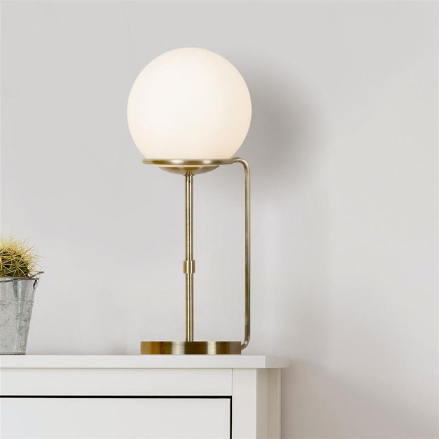 SPHERE 1LT TABLE LAMP, ANTIQUE BRASS, BLACK BRAIDED CABLE, OPAL WHITE GLASS SHADES