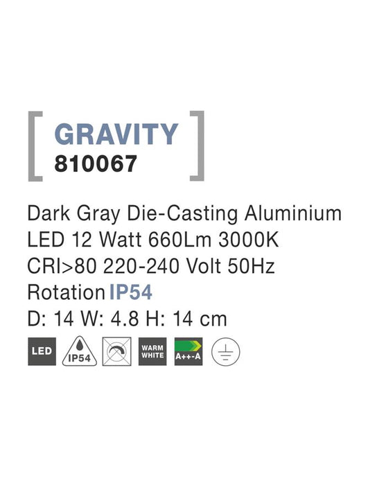 GRAVITY Dark Gray Aluminium Rotating LED 12 Watt 660Lm 3000K D: 14 H: 14 cm IP54