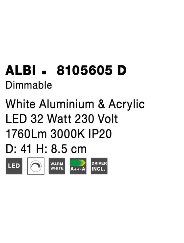 ALBI White Aluminium & Acrylic LED 32 Watt 230 Volt 1760Lm 3000K IP20 D: 41 H: 8.5 cm